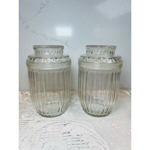2 Vintage Anchor Hocking Ribbed Glass Apothecary Candy Jars Canisters Lids
